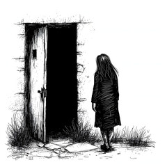 A woman hesitating to enter a dark, abandoned building isolated on white background, doodle style, png
