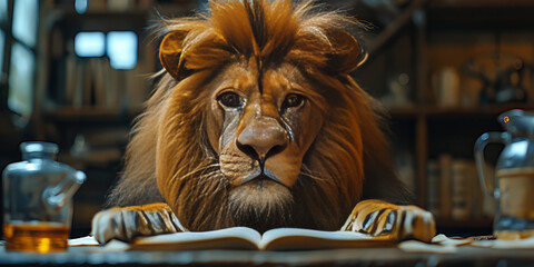 Fototapeta na wymiar Banner: Majestic Lion Engrossed in Literary World Among Cozy Library Shelves