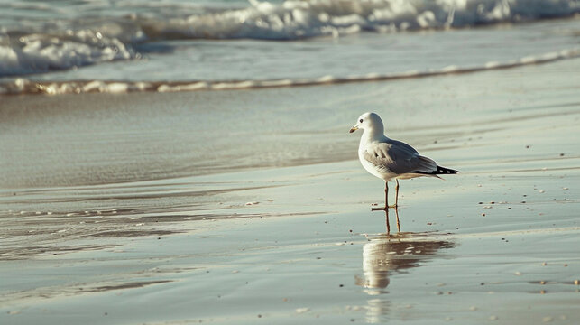 Seagull on the beach at sunset, shallow depth of field