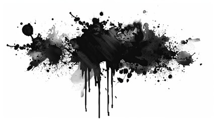 Ink splatter. Oil stain. Abstract splash of dark black spatters drips oil watercolor explosion on white creative illustration. - obrazy, fototapety, plakaty