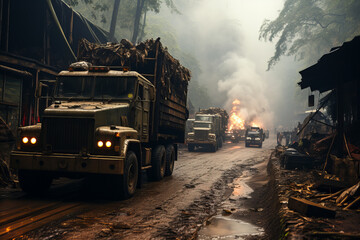 Intense Scene of Trucks Escaping Inferno on a Remote Road - Dramatic Scenario Banner