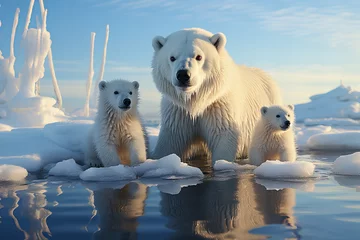 Wandcirkels tuinposter Arctic Wonders: A Polar Bear Family Portrait on Ice Banner © Алинка Пад