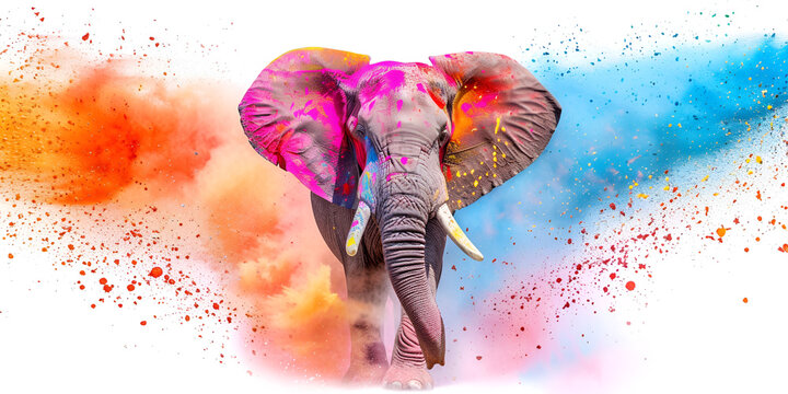 Elephant With Colorful Paint Splattered All Over Its Body  
