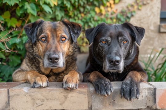 Two Adorable Adult Mixed Breed Dogs Resting Chins on Wall Together, Outdoor Canine Friendship Portrait