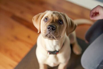 Adorable Puggle Puppy with Expressive Eyes Seated on Wooden Floor Next to Human Companion Indoors