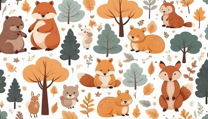 Seamless pattern with cute foxes with autumn leaves. Hand-drawn childish background with wild animals in the forest. Endless kid's texture for apparel, textiles, and prints. vector illustration