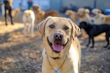 Cheerful Labrador Retriever Enjoying Outdoor Fun at Doggy Daycare with Various Canine Friends Blurred in the Background