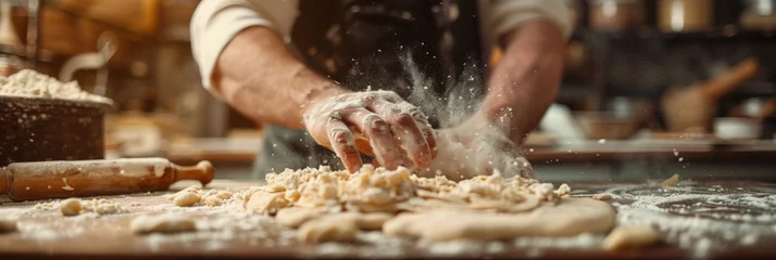 Dekokissen Close up of  hands kneading and stretching pizza dough on a floured surface,Pizza Process Dough Preparation,  © Nice Seven