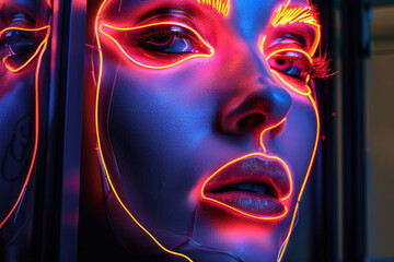 A woman with neon colored hair and makeup. image is a close up of her face. The colors are bright and bold, giving the impression of a futuristic or sci-fi aesthetic. Neon Sign Face Fashion Magazine