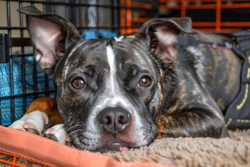 Close up Portrait of a Cute Brindle Dog Resting in a Cozy Cage with Alert Ears and Expressive Eyes