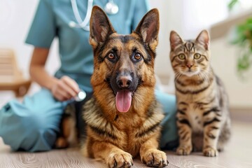 Professional Veterinarian in Scrubs with Stethoscope Sitting with an Attentive German Shepherd Dog and a Tabby Cat in a Clinic Environment