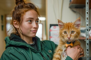 Young Woman Holding an Adorable Ginger Kitten with Care in Animal Shelter Environment