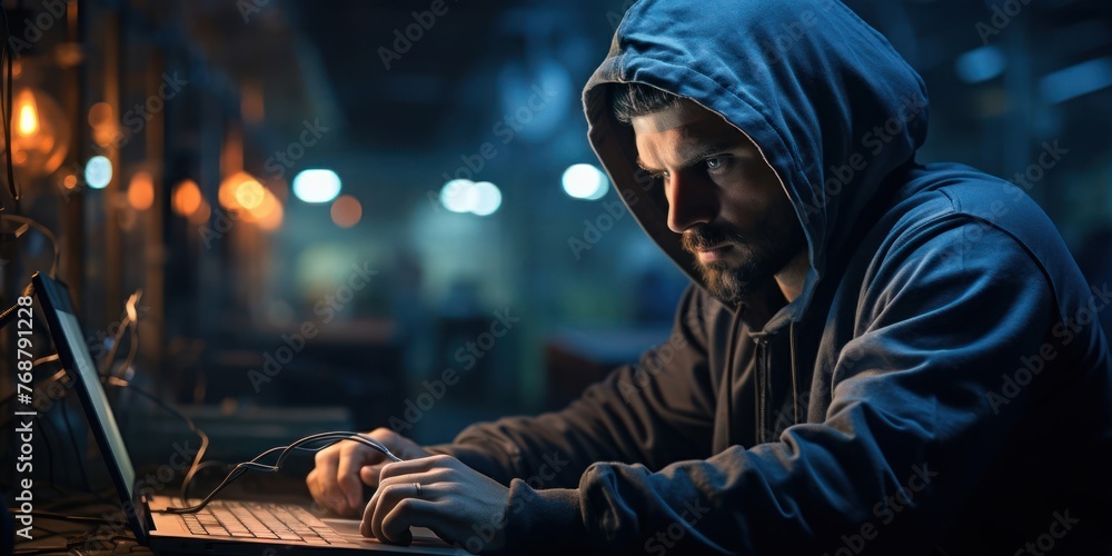 Poster hacker on laptop computer generative ai