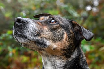 Close Up Portrait of a Thoughtful Black and Tan Dog with a Focused Gaze Against a Natural Blurred Background