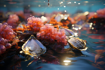 Dazzling Marine Life: Oysters and Glowing Pink Algae Underwater Banner - obrazy, fototapety, plakaty