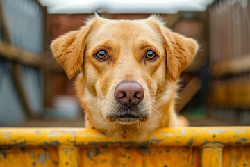 Close up Portrait of a Thoughtful Golden Labrador in an Urban Setting, Looking Over a Yellow Barrier