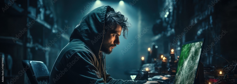 Poster hacker on laptop computer generative ai
