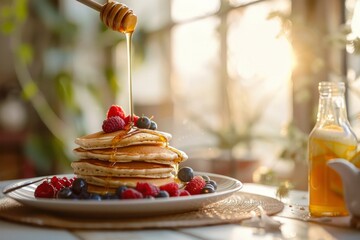 Sun-kissed buckwheat pancakes tower, drizzled with golden honey, adorned with plump berries, creating a cozy, inviting breakfast scene - obrazy, fototapety, plakaty