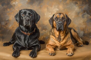 Two Elegant Dogs Posing with Grace Black Labrador and Fawn Boxer on Artistic Backdrop