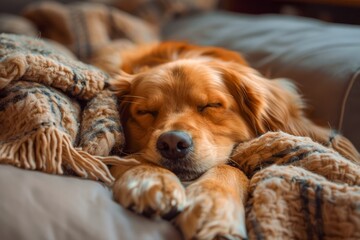 Serene Golden Retriever Sleeping Peacefully on Cozy Blanket, Warm Dog Nap Scene, Pet Relaxation Indoor