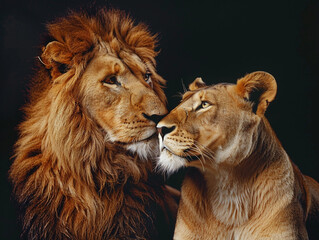 Lion couple on a black background
