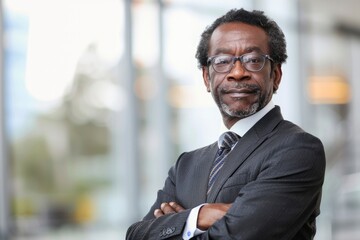 Fototapeta premium A senior African male executive stands with a focused expression, symbolizing strategic thinking and leadership in business