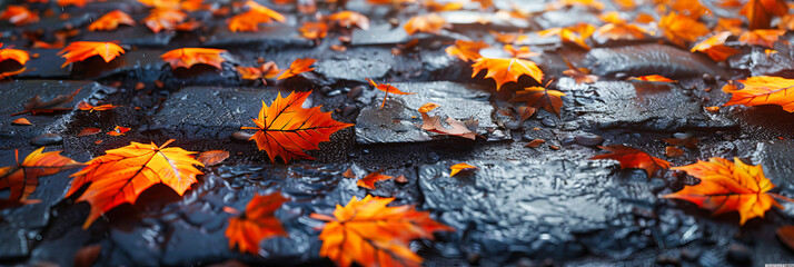 Rainy Autumn: Wet Leaves Adorn the Ground, A Seasonal Reflection in Vibrant Colors