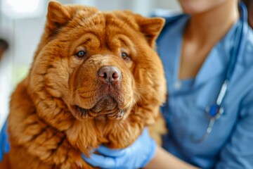 Close up of Fluffy Chow Chow Dog with Owner Purebred, Pet Care, Veterinary Concept, Canine Companion Indoors