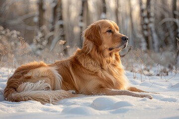 Majestic Golden Retriever Lying in Snow Covered Scenery During Golden Hour