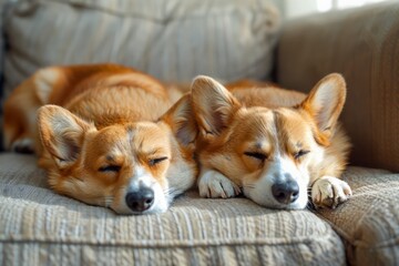 Two Adorable Corgi Dogs Napping Comfortably Together on a Cozy Sofa Indoors, Pet Friendship and Relaxation Concept, Canine Companions Sleeping