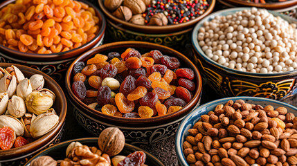 Assorted Nuts and Dried Fruits in Decorative Bowls - obrazy, fototapety, plakaty