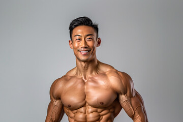 Fototapeta premium An asian bodybuilder smiling at the camera on light gray studio background.
