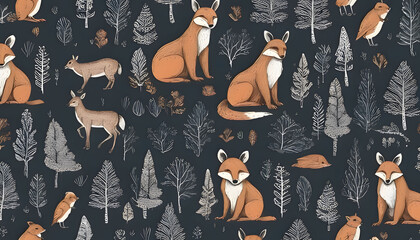 Autumn forest seamless pattern with cute animals. seamless colorful pattern with hand-drawn wild forest animals - obrazy, fototapety, plakaty