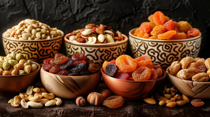 Assorted Nuts and Dried Fruits in Decorative Bowls - obrazy, fototapety, plakaty