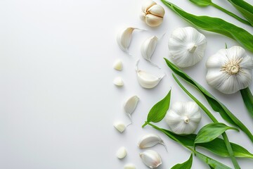 Garlic isolated with leaves against a white backdrop. Generative Ai