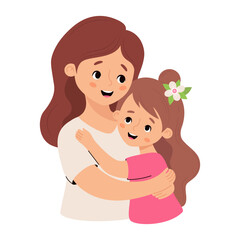 Cute mother hugs her child girl daughter. Vector illustration. Happy cartoon female character..