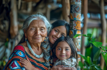 Mother's Day Portraits,  indigenous woman with children space for cropping and ad copy, image can be flipped horizontally. 