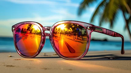 Photo sur Plexiglas Réflexion Pair of stylish sunglasses with mirrored lenses, reflecting tropical beach scene.