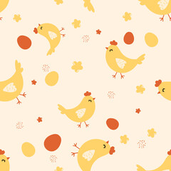 Seamless pattern with chicken cartoons, eggs and cute flower on yellow background vector.