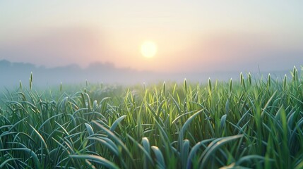 A tranquil early morning sunrise casting a warm glow over a dew-covered green field. Sunrise Over Dewy Green Field

 - obrazy, fototapety, plakaty