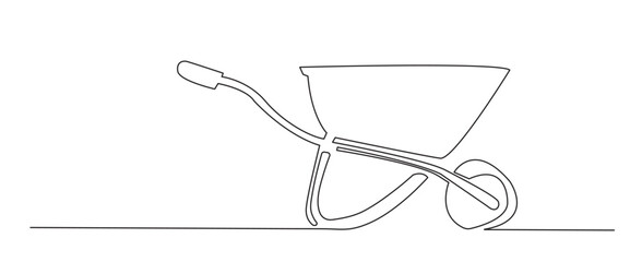 Hand drawn one line (line art) wheelbarrow. White background. Vector illustration.
