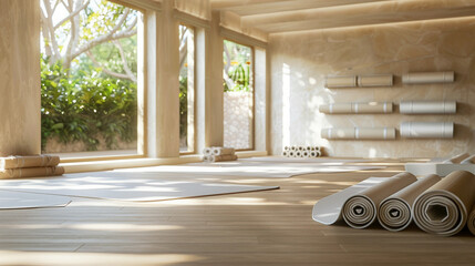 Bright and Airy Yoga Studio with Rolled Mats - obrazy, fototapety, plakaty