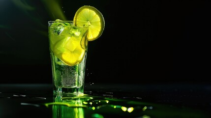The glasse of lemonade is formed by yellow and green Light. In the background in black color. Stylish in the style of light painting.