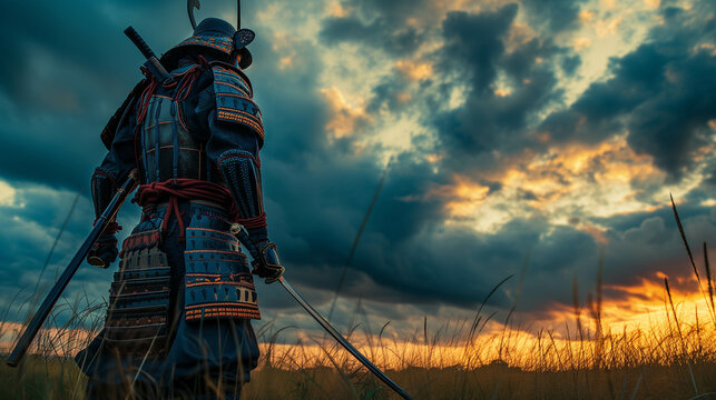 A Japanese samurai warrior standing with his back in the grass.