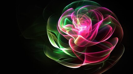 The 3D rose is formed by pink and green Light. In the background in black color. Stylish in the style of light painting.