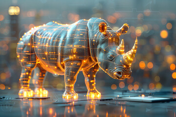 Futuristic Digital Rhino Projection in Cityscape Cybernetic Banner Display - obrazy, fototapety, plakaty