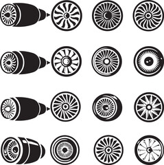 Vector set of circular icons with black and white outlines