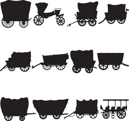 Vector pack of vintage carriages and wagons silhouetted against a white background