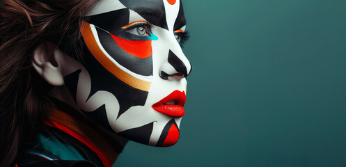 A woman with red and black face paint and red lipstick. She is wearing a red dress. most beautiful...