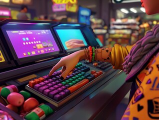 A woman is playing a video game on a computer. She is wearing a yellow jacket and has a bracelet on her wrist. The game is on a computer monitor and the woman is using a keyboard to play - obrazy, fototapety, plakaty